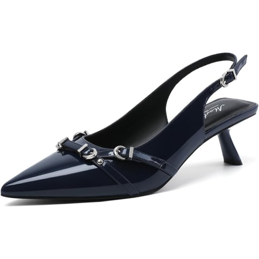 Women's Navy Blue Pointed Toe Pumps Patent Leather Slingback Heels With Buckle